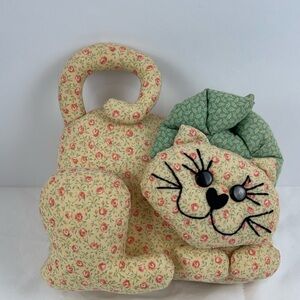 Vintage Stuffed CAT Door Stop Decor Doll Floral Fabric Cream Pink Medium 9”x8”